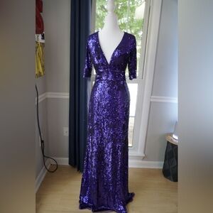 💜 [Size 4] Mac Duggal Purple Sequin Gown w/ V-Neck & Elbow Sleeves New w/Defect